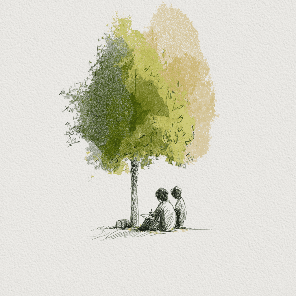 Watercolor sketch of two people sitting beneath a linden tree